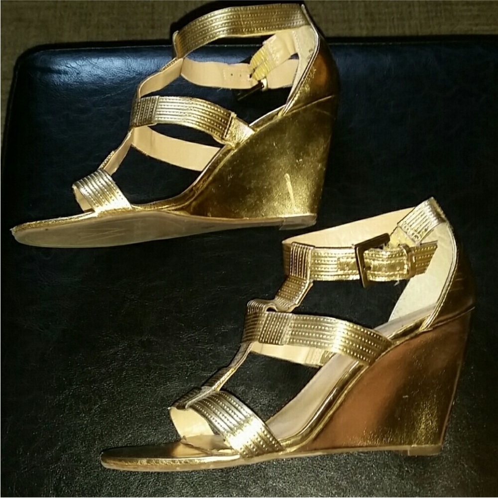 NWT Worthington Gold Wedge Sandals Women Open-Toe Strappy Heels